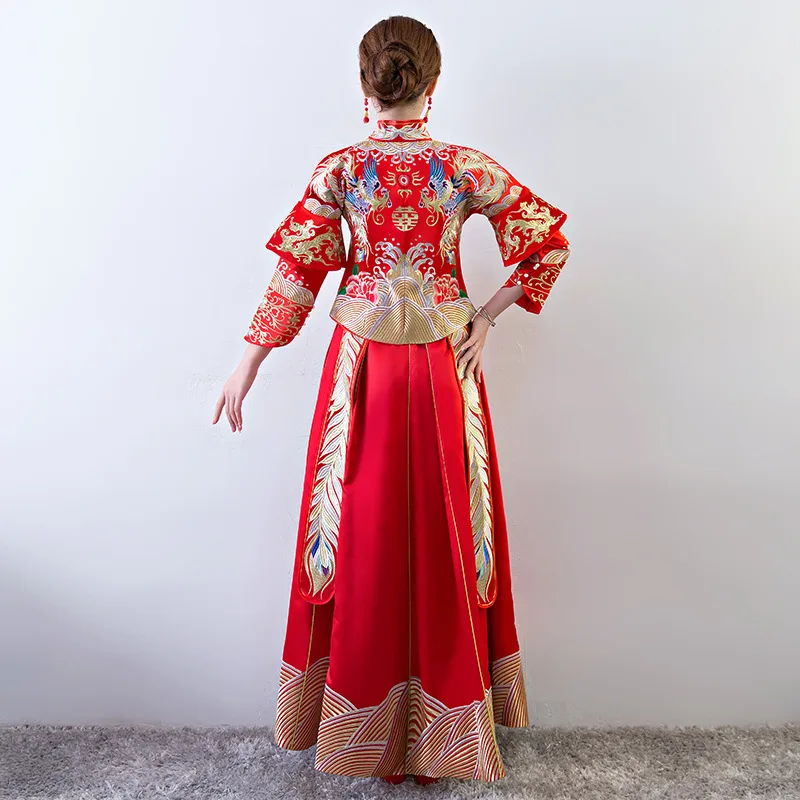 Для женщин традиционные платья Cheongsam свадьбы невеста красный китайское платье Феникс женщина Qipao Vestido Oriental Стиль платья