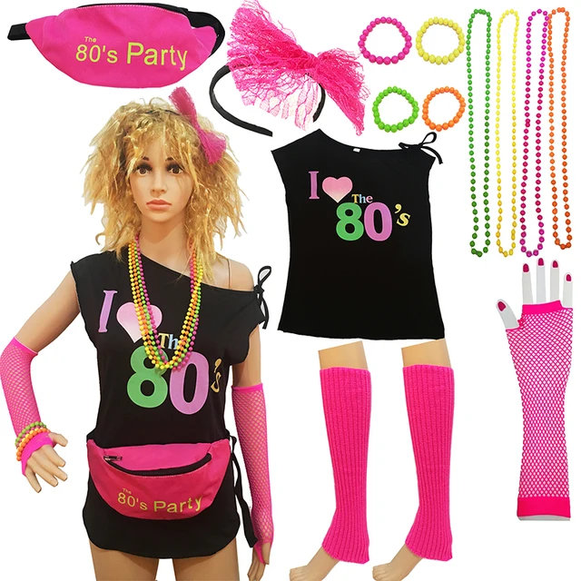 Costume Women And Accessories Set Fanny Pack Bangle Headband Leg T-Shirt 80's Party Lace Headband Neon Necklack - AliExpress