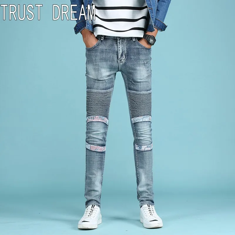 TRUST DREAM Europeans Style Men Spliced Slim Motor Jeans Casual Denim Cargo Pants Fashion Ripped Man