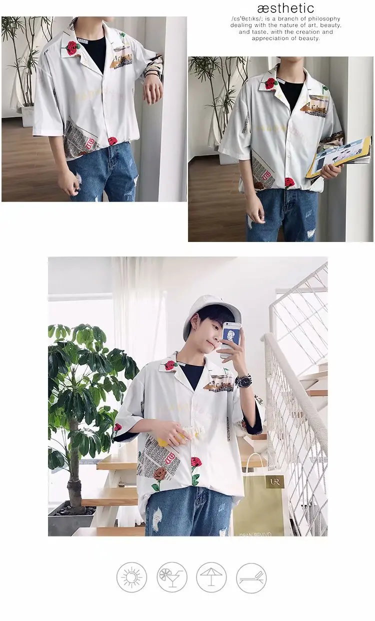 Мужские рубашки с принтом, мужские модные дизайнерские хип-хоп шорты в уличном стиле, рубашки с рукавами в Корейском стиле, Дизайнерские повседневные рубашки в стиле панк