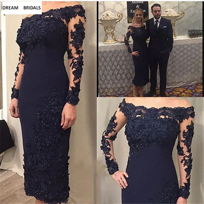 2019 Navy Blue Sheath Satin Mother of the Bride Dresses Beading Lace Ankle Length Long Sleeves Vestido De Madrinha