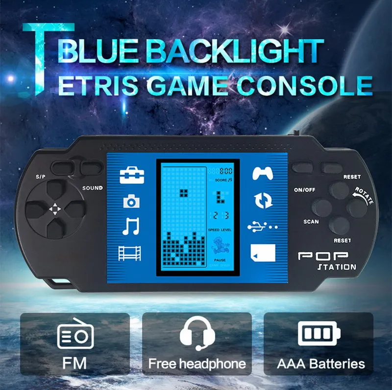

Blue backlight Retro Portable Tetris Handheld Game Console play in the dark with FM radio Kids Educational toys