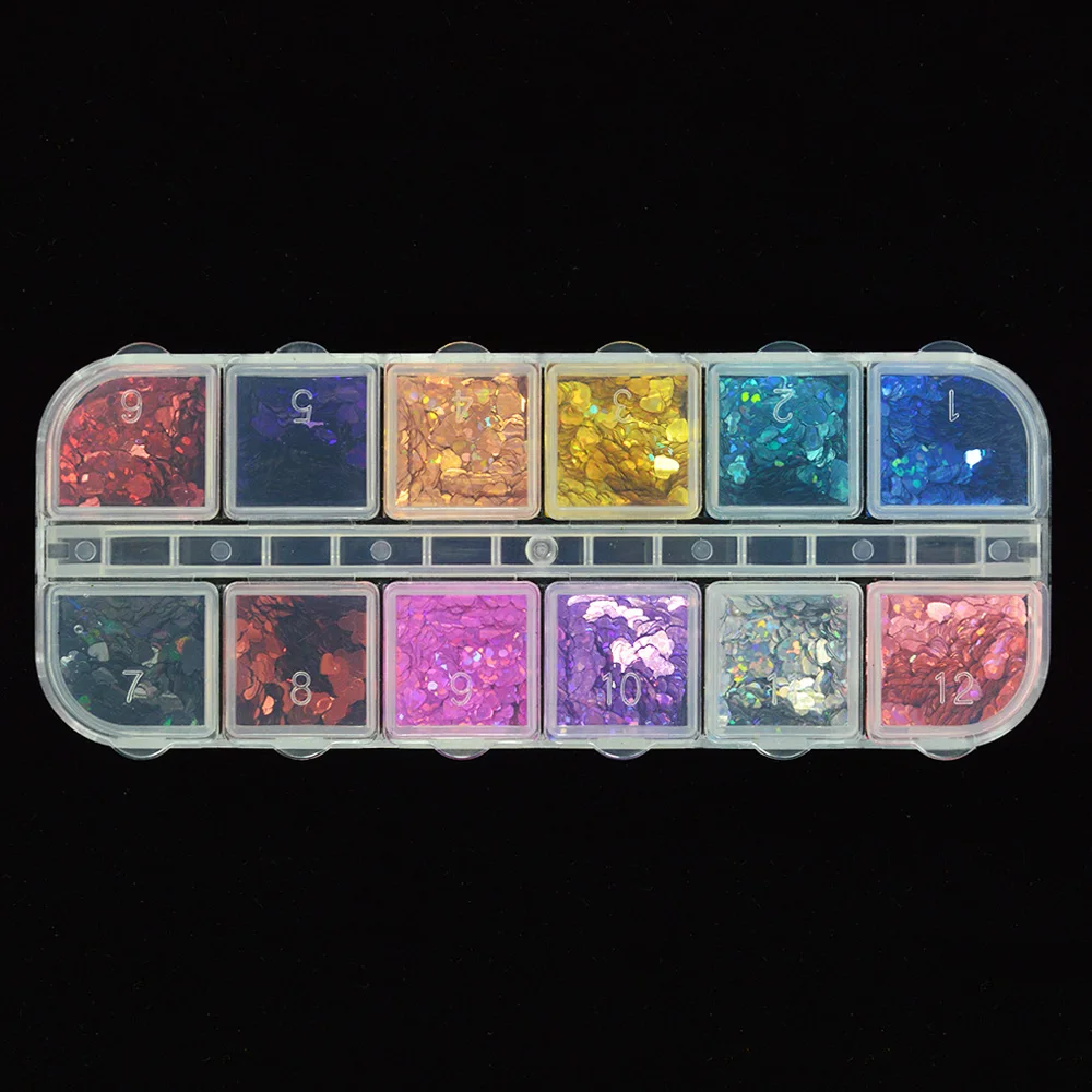 1 funda con forma de corazón para uñas brillo brillante lentejuelas láser 3D decoración de uñas copos de Paillette consejos 12 colores DIY manicura SA469