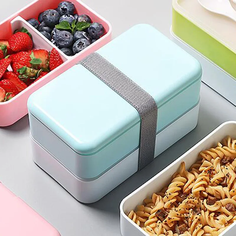 

Oneisall Lunch Cute Box Kitchen Food Container Plastic Bento Box Portable 1200ml Lunchbox Double Layer For Kids Heated Lunch