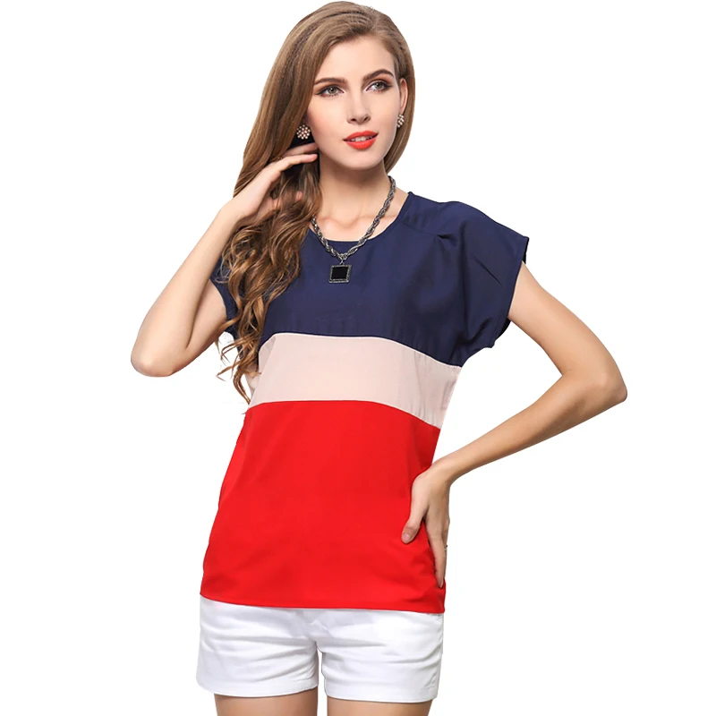 

2019 Large Size Short-sleeved Chiffon Shirt Three-color Stitching Small Fresh Color Matching shirt Summer Women's Shirt