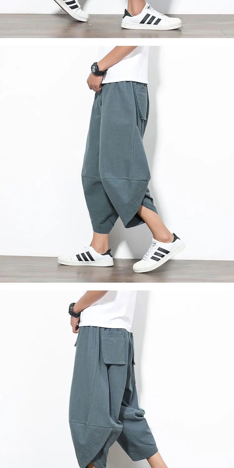 Summer Men Sweatpants Casual Baggy Linen India Harem Wide Leg Yoga Bloomers Capri Pant Male Running Joggger Fitness Workout Pant