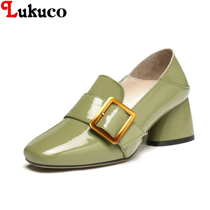 

2019 Lukuco Wholesale New Popular Square Toe Real Leather Pumps Women's vintage Green black Shoes Handmade Casual Shoes