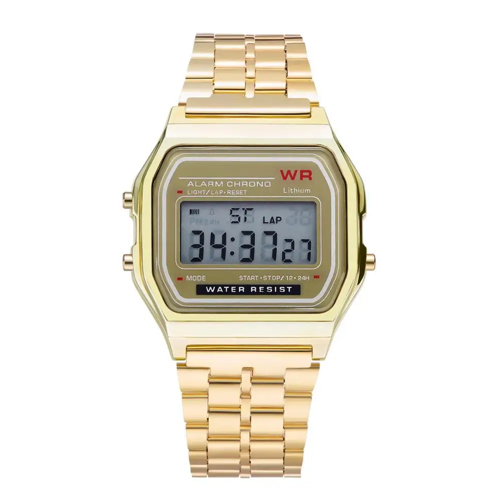 Ultra-thin F91w sports Children's electronic watches alarm children clock Stainless Steel strap men watch for kid boy girl gift - Цвет: Золотой