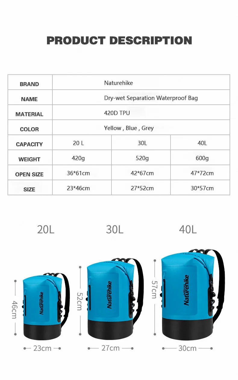 Naturehike 20L 30L 40L 420D TPU водонепроницаемые речные треккинговые сумки, сухая сумка для влажного разделения, водонепроницаемая сумка для хранения