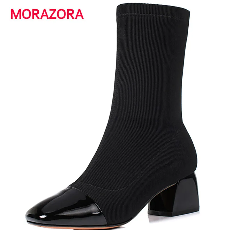 

MORAZORA big size stretch fabric+genuine leather boots square toe high heel ankle boots for women autumn winter martin boots
