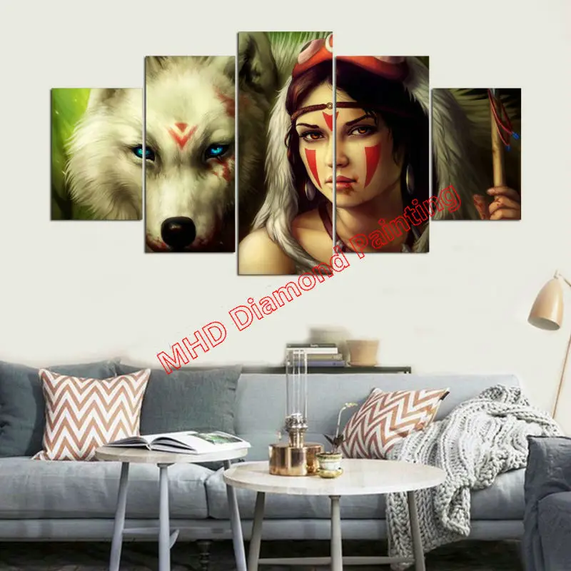 

Set of 5 Multiport Painting DIY Diamond Painting Wolf Woman 3d diy Cross Stitch Full Round Mosaic Indian Woman Wolf Set 5pcs