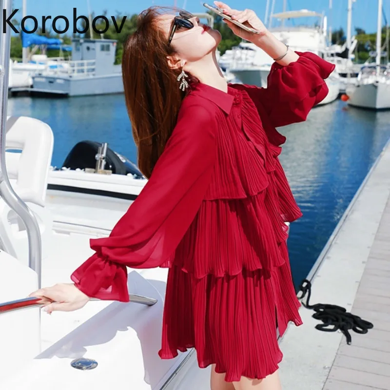 

Korobov 2019 New Sweet Turn-down Collar Dress Women Ruffles Flare Long Sleeve Button Red Summer Loose Dresses 77341