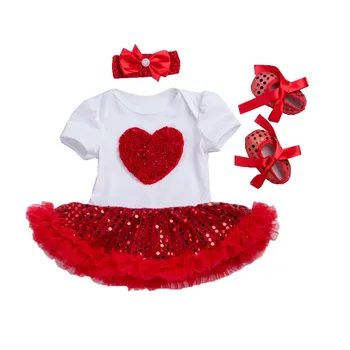 

Red Sequins Heart Girl Bodysuits Short Sleeve Tutu Dress Bodysuit Shoes Headband 3pcs Baby Kids Jumpsuit Baby Sunsuit Clothes