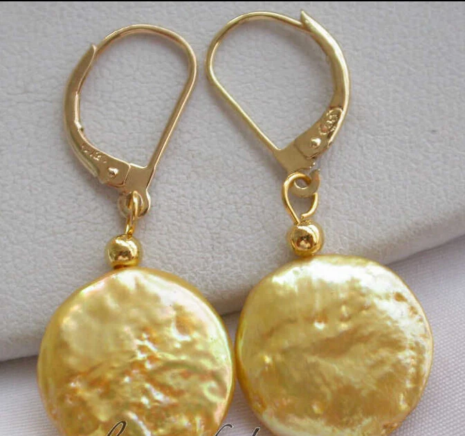 

hj 00341 14mm golden coin freshwater pearl dangle earring 14k