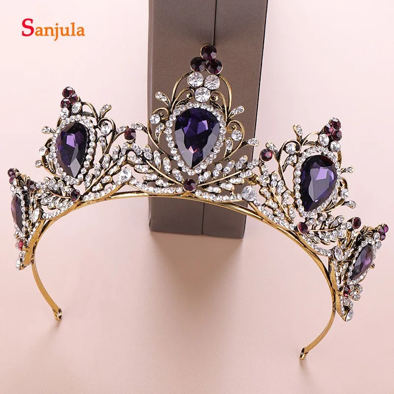 Золотые Свадебные короны с фиолетовыми стразами блеск кристаллов свадебные диадемы accesorios de novia T130