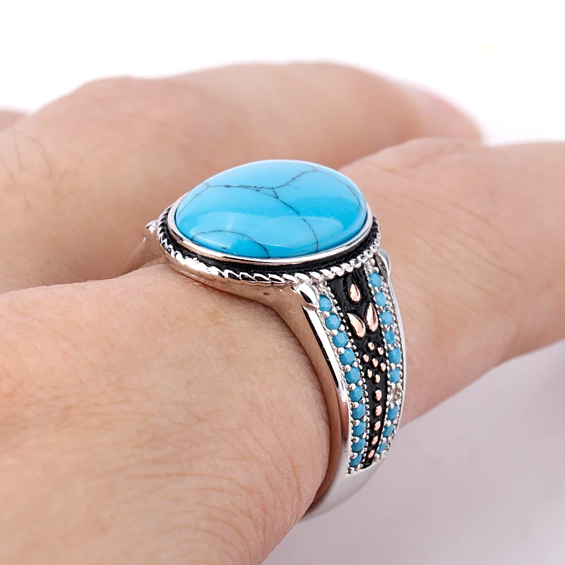 

925 Sterling Silver Men Ring with Sky Blue Oval Turquoises Stone Life Track Significance Ring for Men Fashion Jewelry