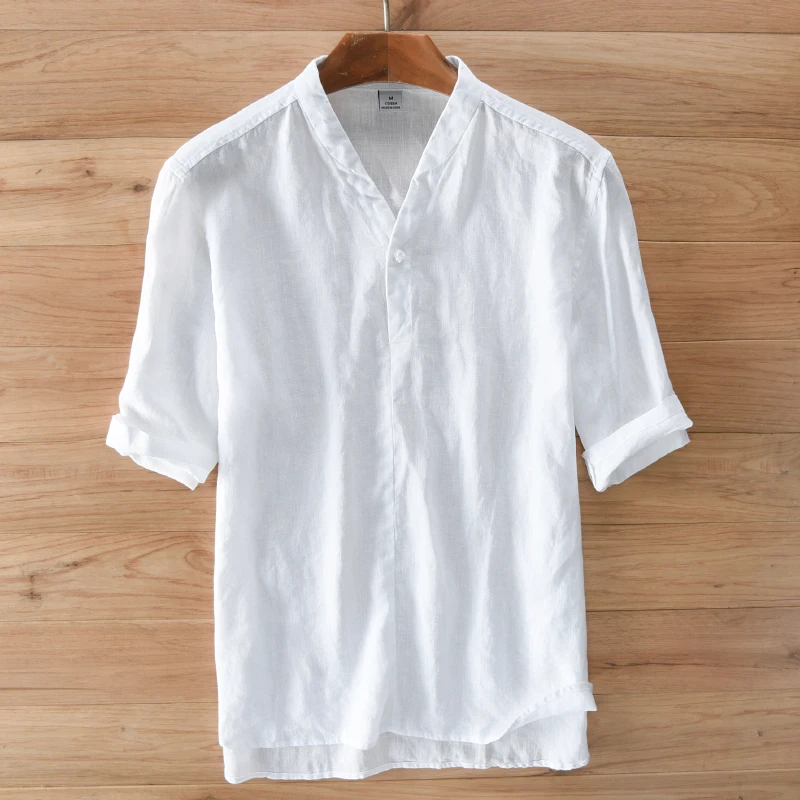 High end men shirt linen Chinese style fashion shirt men summer white