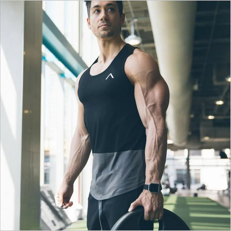 

New mens fitness Gym workout training cotton Gradient color flexiblle vest split joint t-shirt gs 7004