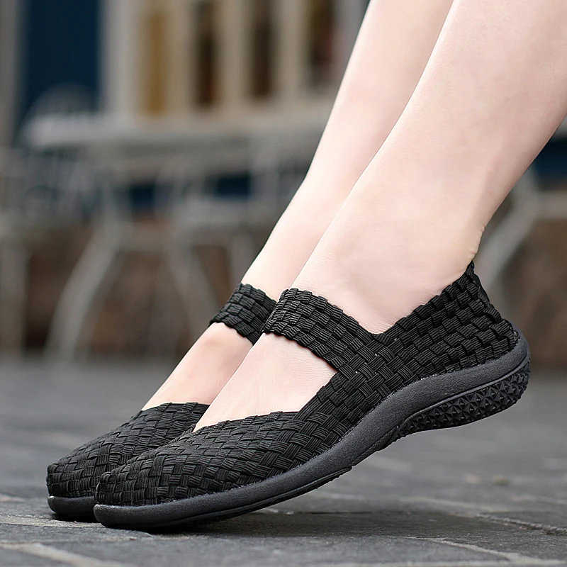 Women Shoes Summer Flats Sneakers Slip On Fashion Woven Breathable Loafers Casual Plus Size 42
