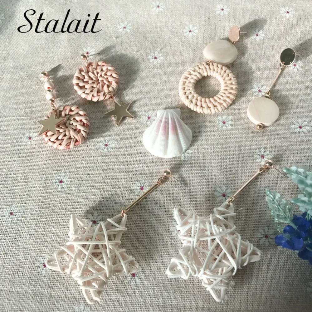 

Korean Handmade Wooden Rattan Straw Weave Vine Braid Earrings Acrylic Asymmetrical Star Round Long Drop Earrings For Women Girl