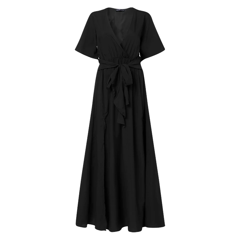 Летнее женское Макси длинное платье, новинка, повседневные сексуальные элегантные вечерние платья в пол с v-образным вырезом и высоким разрезом, женское платье размера плюс - Цвет: Черный