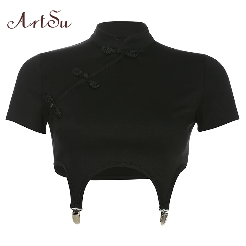 

ArtSu Harajuku Black Vintage Tshirt Women Short Sleeve Crop Top T Shirt Ladies Summer Tee Shirt Woman Chinese Style ASTS21011