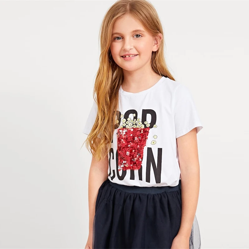 SHEIN Kiddie/белая Повседневная футболка с буквенным принтом и блестками для девочек; топы для девочек; коллекция года; летние корейские футболки с короткими рукавами; Одежда для девочек