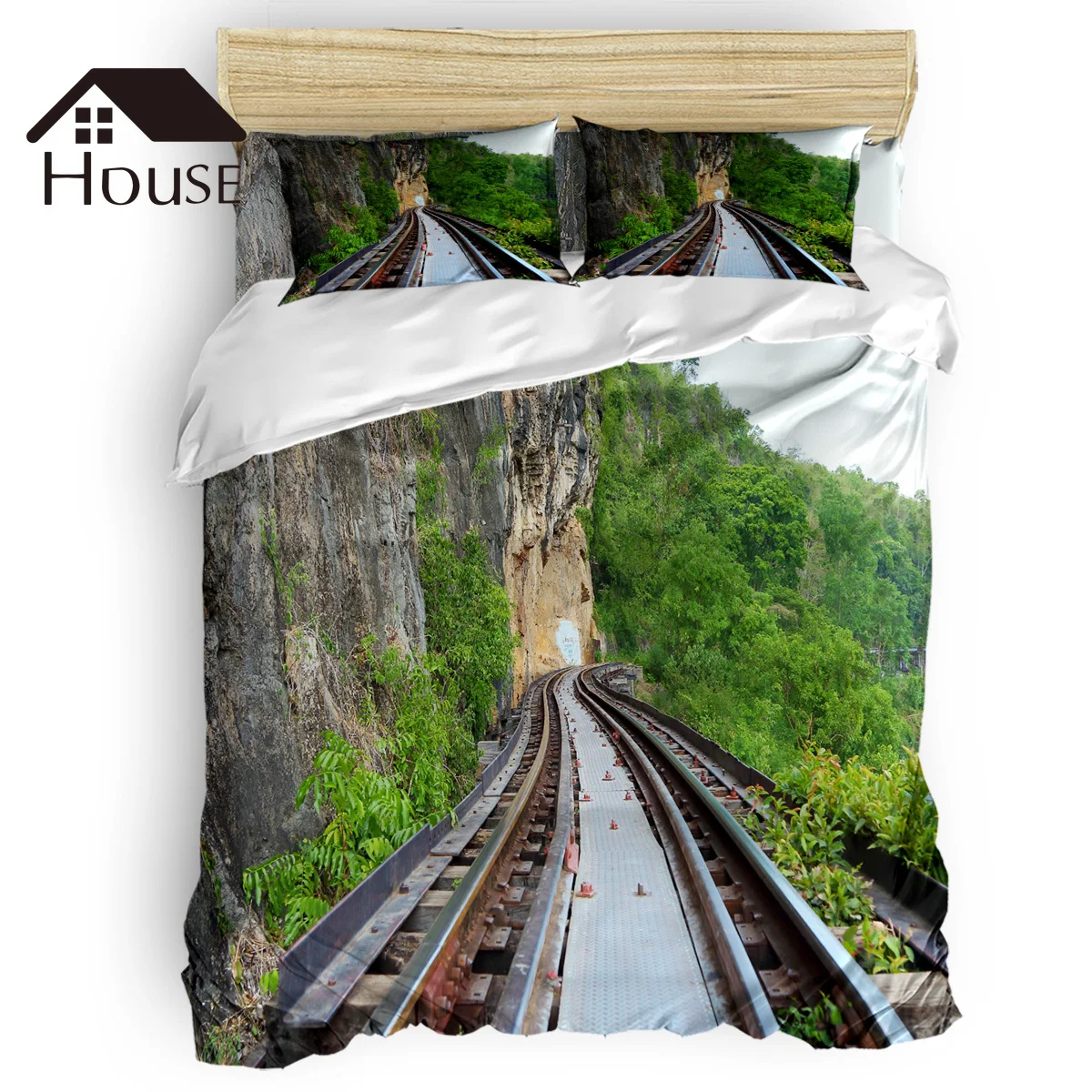 

BIGHOUSES Duvet Cover Set Mountain Cliff Railway Duvet Cover 4 Piece Bedding Set