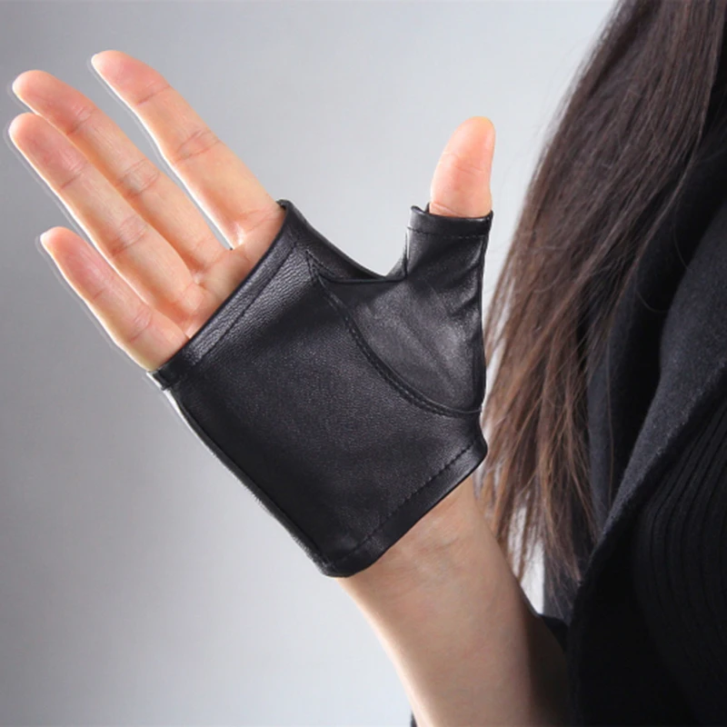 Genuine Leather Women Gloves Female Thin Style Semi-Fingers Fashion Black Sheepskin Mittens Short Design Fingerless Gloves TB07 Genuine Leather Women Gloves Female Thin Style Semi-Fingers Fashion Black Sheepskin Mittens Short Design Fingerless Gloves TB07