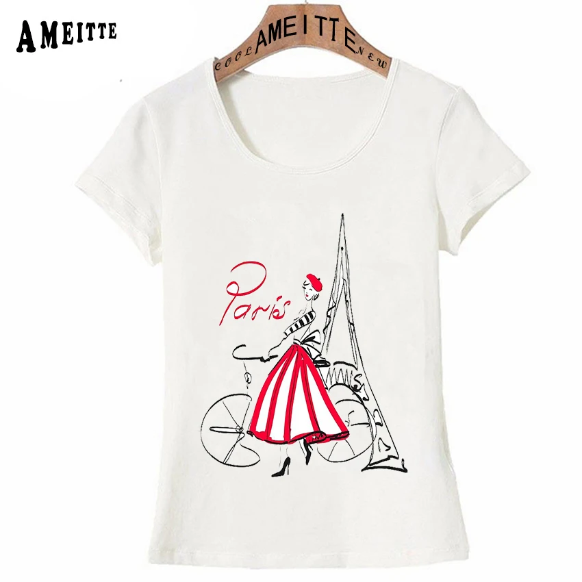 

Vogue Parisian romance Parisian with a bicycle Print T-Shirt Summer Fashion Paris Women T-Shirt Girl Casual Tops Woman Tees