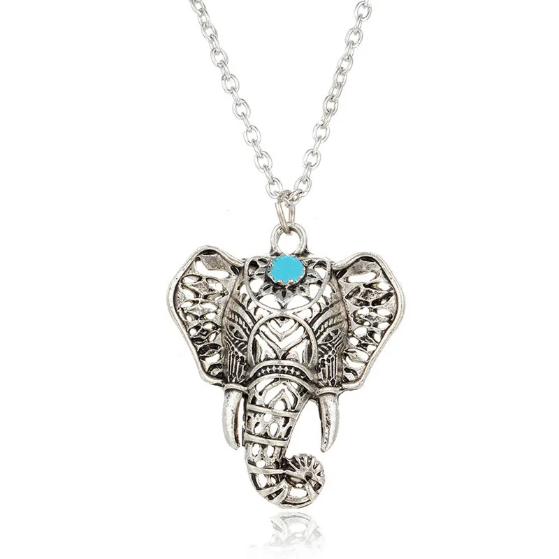

Hot Vintage Elephant Pendant Necklace Boho Antique Blue Stone Choker Necklace Bohemia Bar Necklace 4ND112