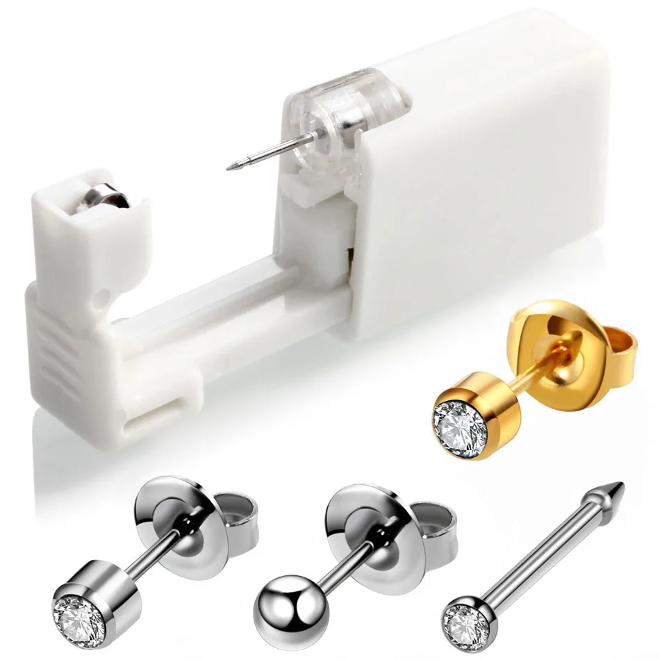 

1PC Disposable Sterile Ear Cartilage Piercings Units Round Zircon Ear Tragus Piercing Gun Tool Kit Build In Steel Stud Earrings