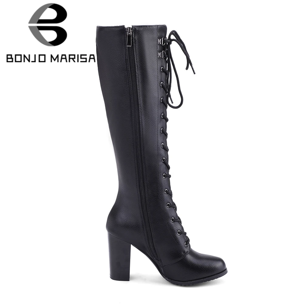 Tanie BONJOMARISA Big Size 34 43 fajne buty do kolan damskie buty na wysokim obcasie buty kobieta Party obuwie damskie zasznurować zamek buty na platformie