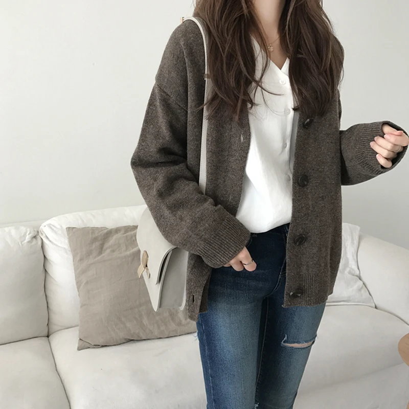

Spring and Autumn New V-Neck Blending Knit Sweaters Jacket Long Sleeve Single Breasted Solid Color Slim Women Simple Veste Femme