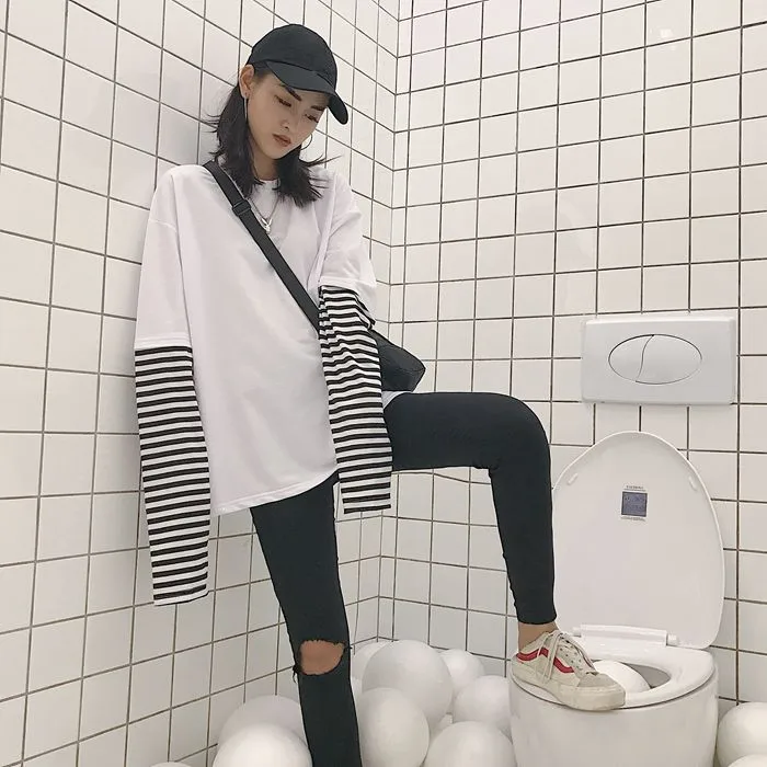 Polera Mujer, женская модная футболка, корейский стиль, Ulzzang, Harajuku, имитация двух частей, полосатая футболка, Женский Топ с длинным рукавом