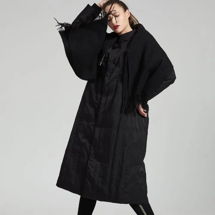 Осенний зимний подиумный Модный женский длинный рукав шаль воротник черный утолщенный теплый пуховик женская мода