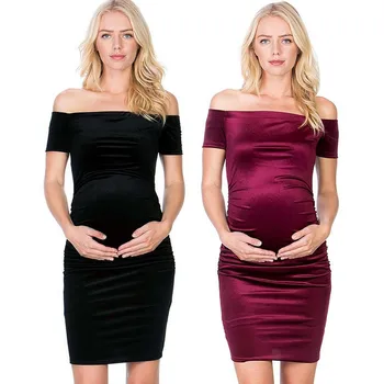

Maternity Dresses Women's Pregnant Off Shoulder Short Sleeve Bodycon Dress Photography Props Premama Women Cotton Clothing 2019