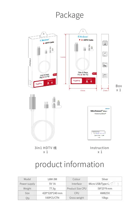 LD6M-3M 1080 P штекер HD и воспроизведение Miracast DLNA Airplay 3 в 1 HDTV кабель type C/Micro USB разъем для Iphone Android