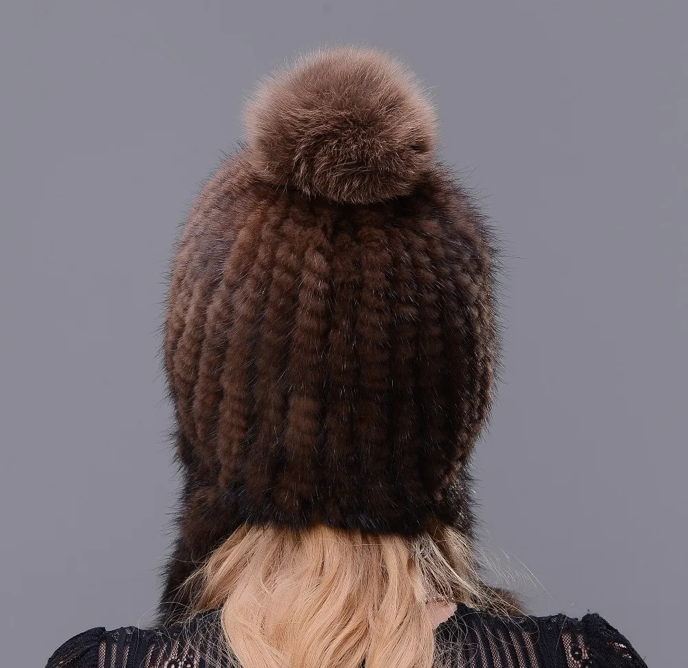 Зимняя шапка ручной работы из натурального меха норки, толстая и теплая длинная шапка с ушками, плотно сплетенная шапка для женщин с тремя помпоны из лисьего меха