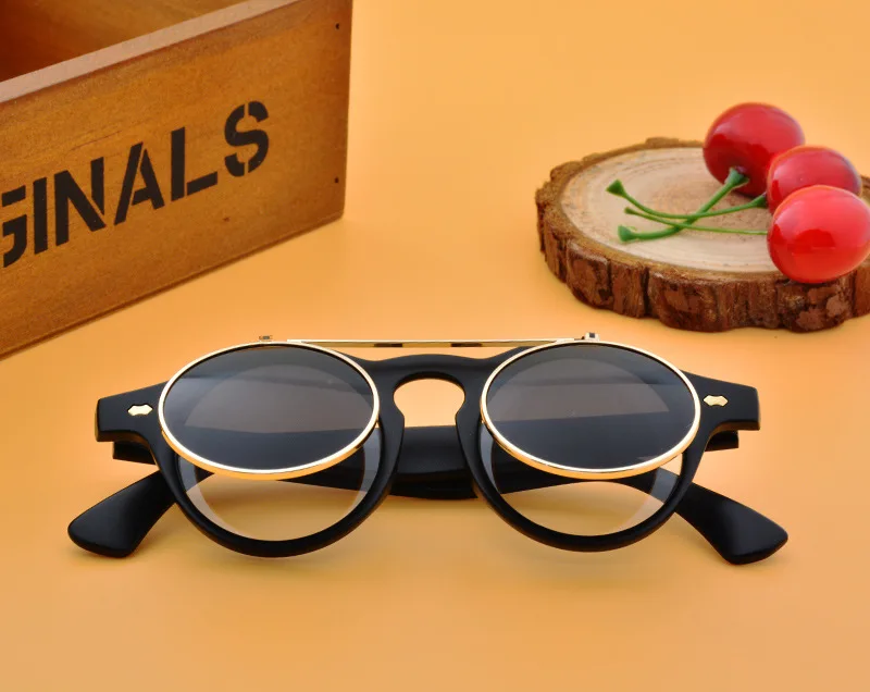 Круглые брендовые Дизайнерские мужские и женские солнцезащитные очки с плоским верхом, Ретро стиль, готический стиль, стимпанк