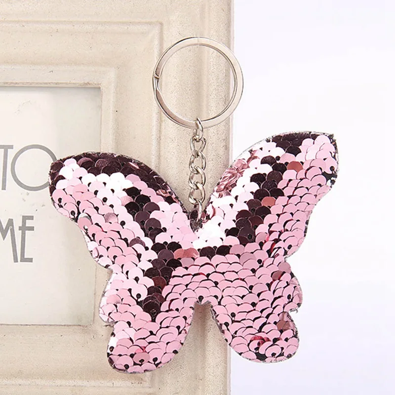 

Butterfly Keychain Glitter Sequins Key Chain Gift For Women Girl Laveros Mujer Car Bag Accessories Key Ring