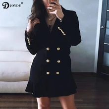 Joydu Vestidos 2018 весна взлетно-посадочной полосы дизайнер с длинным рукавом зубчатый Офисные женские туфли работа платье металла лев Пуговицы Блейзер вечерние платье