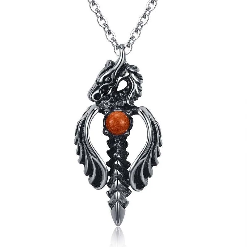 Hot Sale Cool Vintage Dragon With Red Bead Stainless Steel Necklacesin