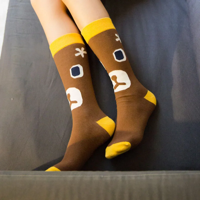 5 пар, женские носки, удобные, дышащие, милые, длинные носки, Харадзюку Забавный робот, Осень-зима, хлопковые, прочные носки для девочек