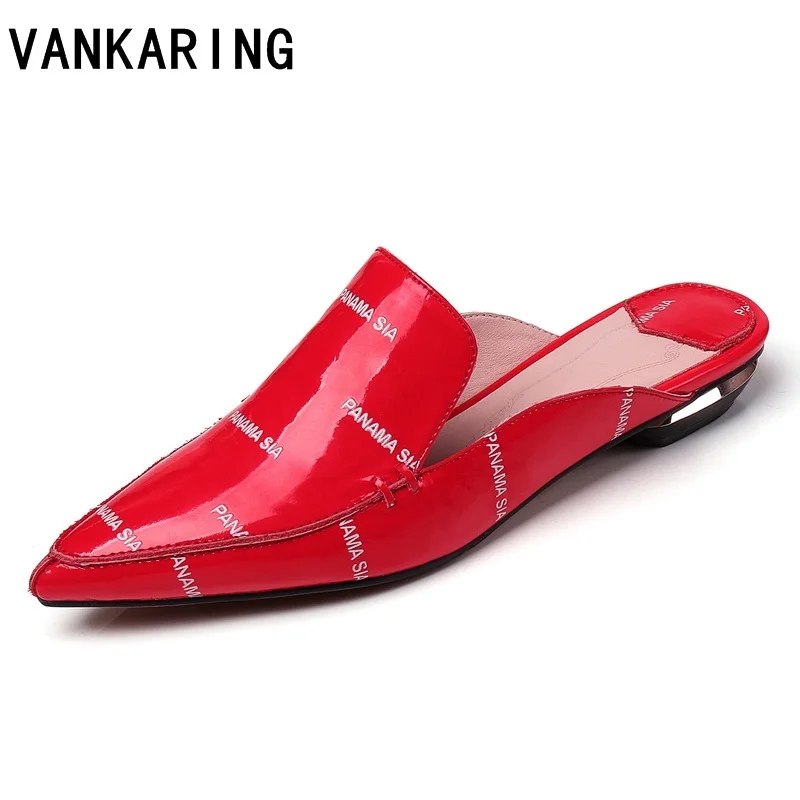 

VANKARING single shoes spring leather fashion printing big size code red patent leather sandals and slippers flat casual shoes