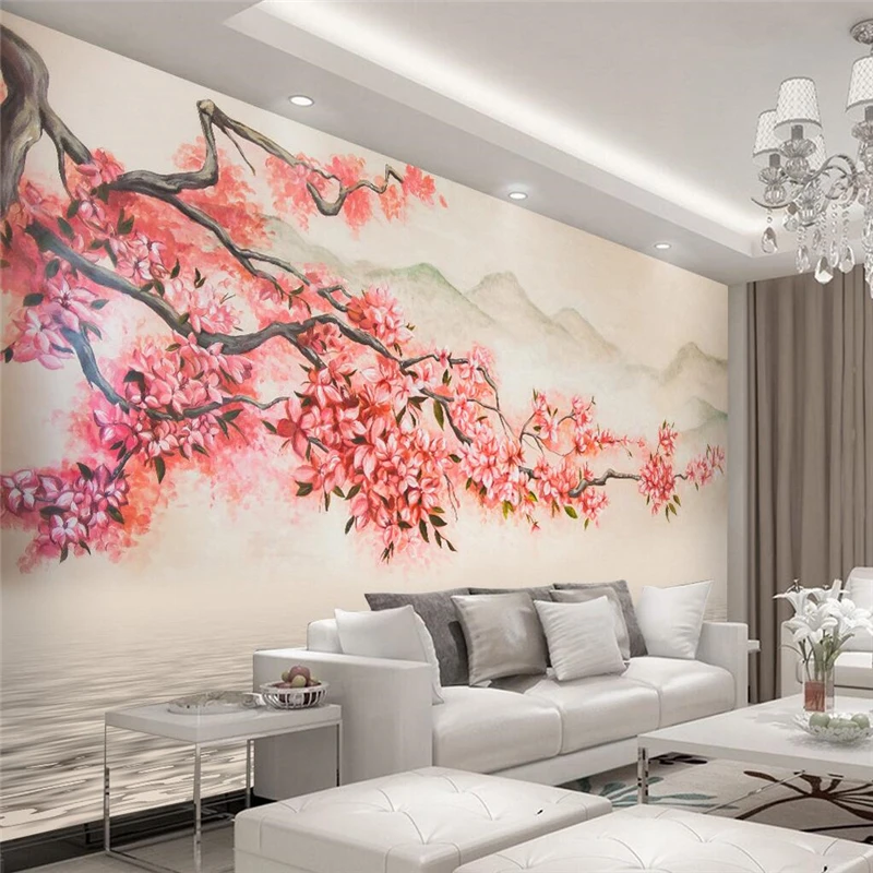

Custom photo wallpaper wall stickers murals beautiful hand - painted landscape plum TV backdrop papel de parede wall paper