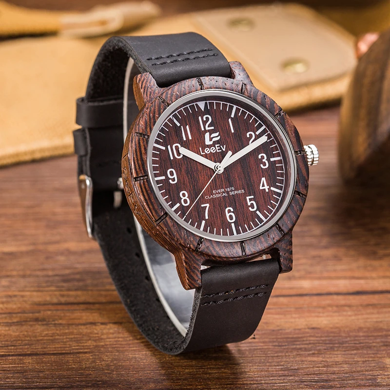 

LeeEv EV1875 Mens Handmade 100% Cow Hide Genuine Leather Strap Bamboo and Sandalwood with Quartz Movement Analog Wood Watch