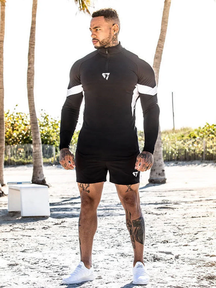 GYMLOCKER 2019 new men's sets T-shirt+shorts Brand gyms Bodybuilding slim fit set men Fitness Quick-drying splice clothes