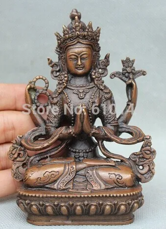 

125mm Old Tibet Tibetan Buddhism Purple Bronze 4 arms Chenrezig Buddha Statue