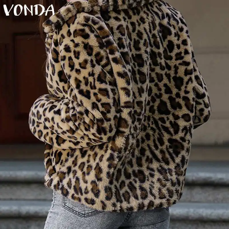 VONDA женские пальто сексуальные леопардовые куртки на молнии зимние пальто из искусственного меха Осенняя верхняя одежда теплая верхняя одежда размера плюс S-5XL